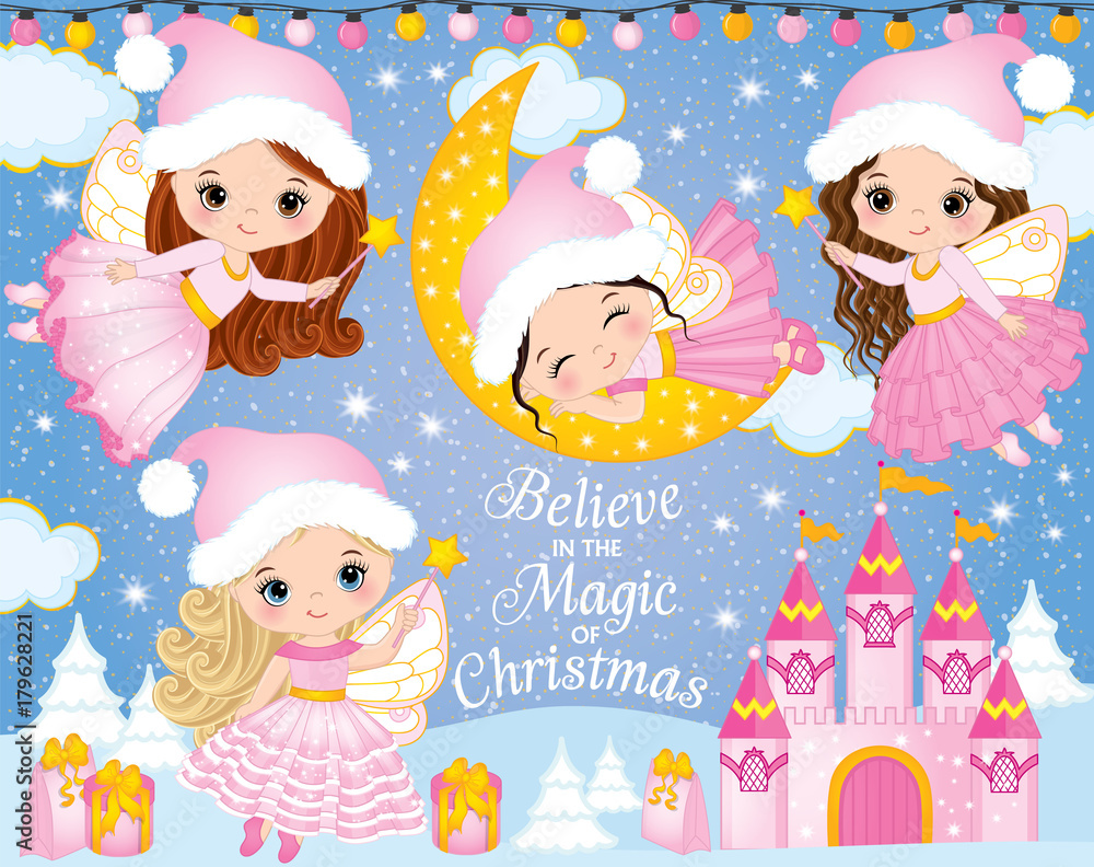 Vector Set with Cute Little Christmas Fairies, Castle and Winter Elements Vector Set with Cute Little Christmas Fairies, Castle and Winter Elements