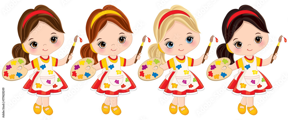 Vector Little Girls with Palette and Paint Brushes. Vector Little Artists Vector Little Girls with Palette and Paint Brushes. Vector Little Artists