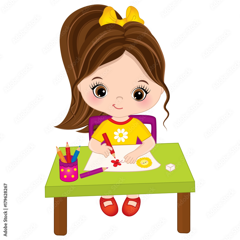 Vector Little Girl Draws. Vector Little Artist Vector Little Girl Draws. Vector Little Artist