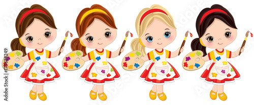 Vector Little Girls with Palette and Paint Brushes. Vector Little Artists