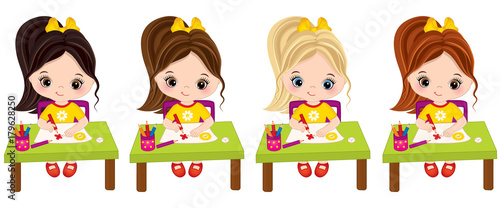 Vector Little Girls Draw. Vector Little Artists