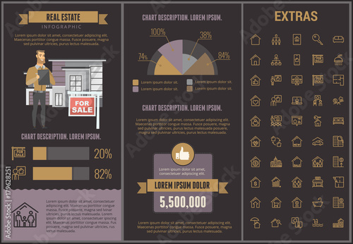 Real estate infographic template, elements and icons. Infograph includes customizable graphs, charts, line icon set with real estate agent, architecture engineering, investment broker, realtor etc.