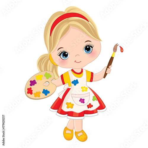 Vector Little Girl with Palette and Paint Brush. Vector Little Artist