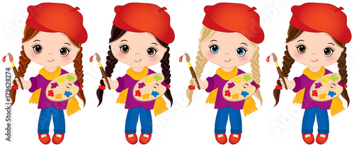 Vector Little Girls with Palette and Paint Brushes. Vector Little Artists
