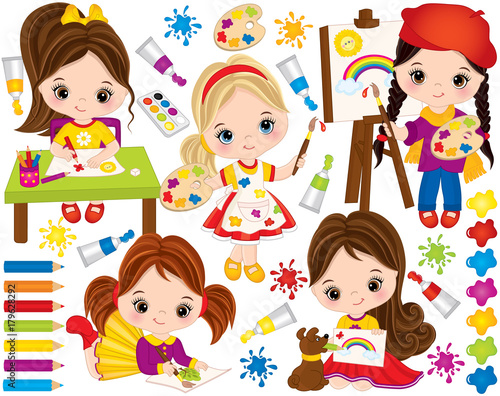 Vector Set with Cute Little Girls and Paint Elements. Vector Little Artists