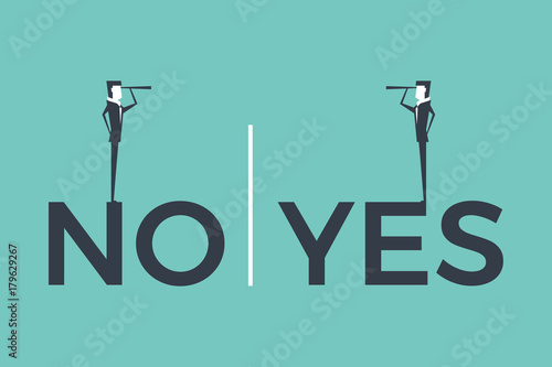 Businessmen looking with spyglass from a no to a yes word. Vector