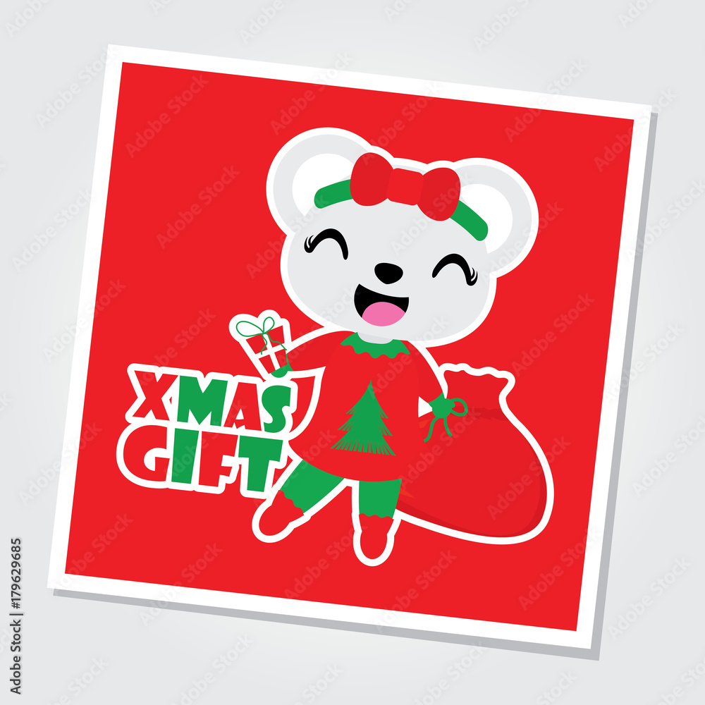 Cute bear girl brings Xmas gift bag vector cartoon illustration for Christmas card design, wallpaper and greeting card Cute bear girl brings Xmas gift bag vector cartoon illustration for Christmas card design, wallpaper and greeting card
