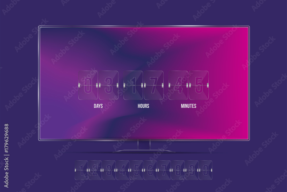Transparent countdown timer and clock counter on the TV screen and with a set of numbers. Flat vector illustration EPS 10 Transparent countdown timer and clock counter on the TV screen and with a set of numbers. Flat vector illustration EPS 10