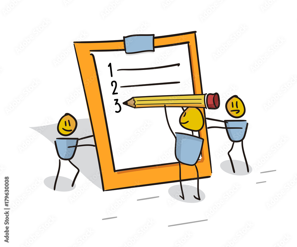 Happy little characters working as a team filling the to do list planner. Doodle illustration for business and other concepts related with efficiency, team work and organization Happy little characters working as a team filling the to do list planner. Doodle illustration for business and other concepts related with efficiency, team work and organization