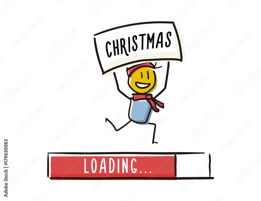 Happy little character happily running with christmas message above his head and a loading bar above him. Christmas is coming concept. Vector doodle illustration Happy little character happily running with christmas message above his head and a loading bar above him. Christmas is coming concept. Vector doodle illustration