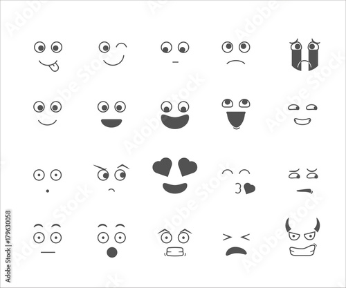 Collection of emoticon emoji cartoon facial expressions with mouth, eyes and eyebrows. Expressions like love, happiness, sadness, crying, naughty, disgusted, devil, surprised, sticking tongue out. 