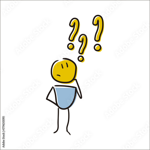 Little character thinking under question marks. Doubts and questions concepts. Problem solving. Vector doodle illustration