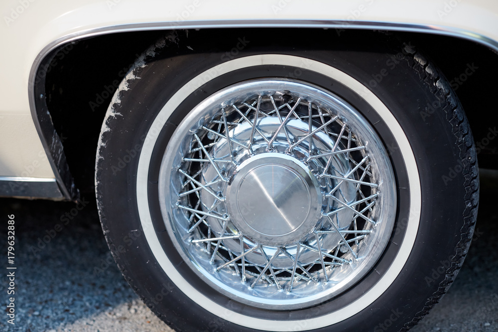 Close up of vintage chrome wheels with spokes