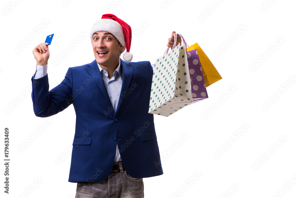 Young man with bags after christmas shopping on white background Young man with bags after christmas shopping on white background