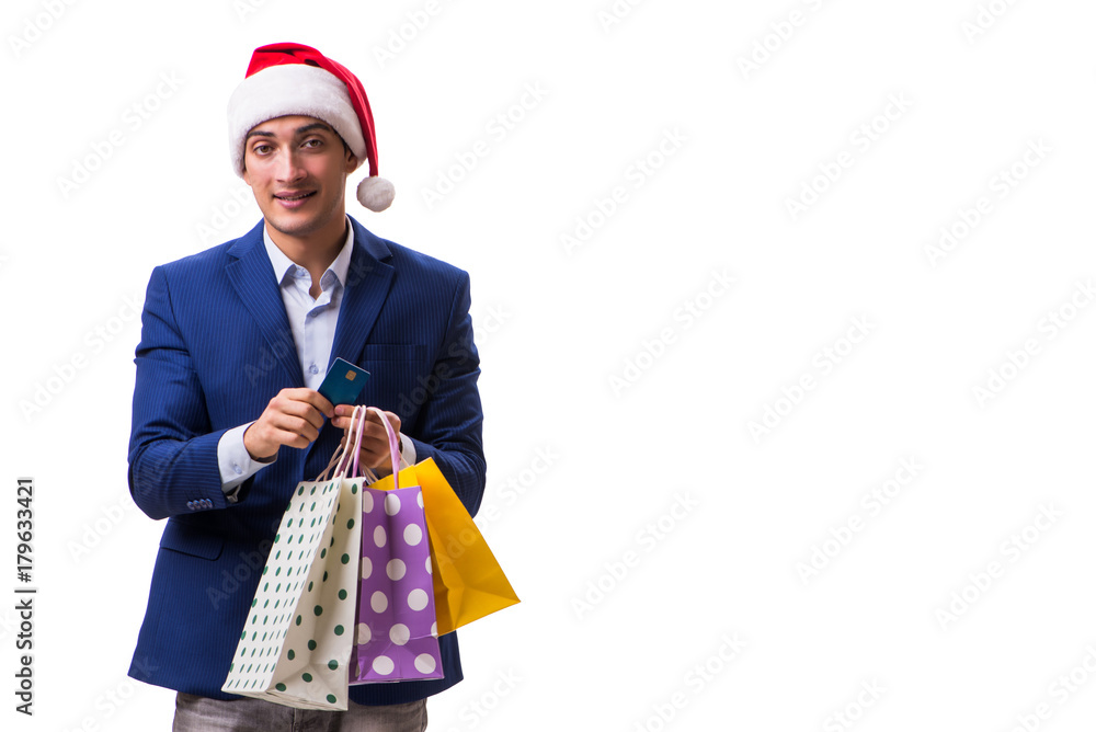 Young man with bags after christmas shopping on white background Young man with bags after christmas shopping on white background