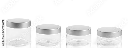 set empty plastic, glass jars cosmetic, lotion packaging on a white background