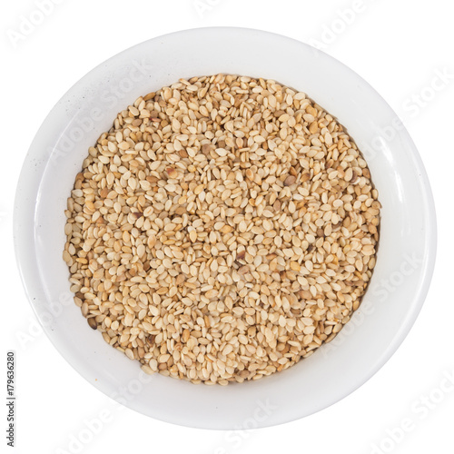 Top view of grains on ceramics bowl.
