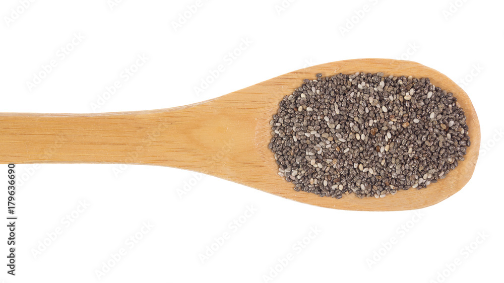 Grains over wooden bamboo spoon. Isolated, White background.