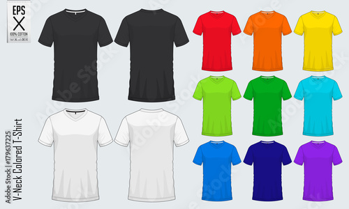 V-neck t-shirts templates. Set of colored shirt mockup in front view and back view. Vector illustration.