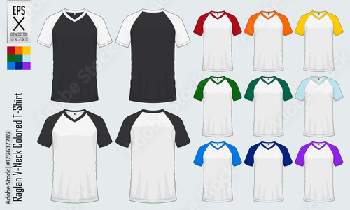 Raglan V-neck t-shirts templates. Set of colored sleeve jersey mockup in front view and back view for baseball, soccer, football , sportswear or casual wear. Vector illustration.