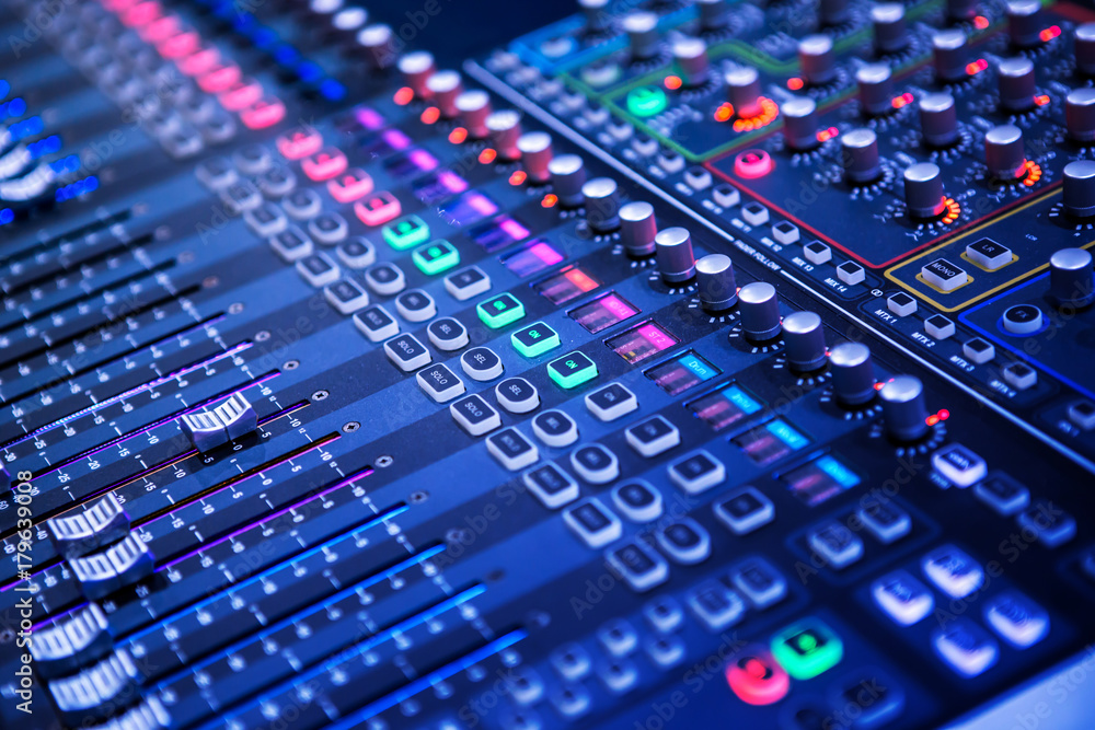 Professional sound and audio mixer control panel with buttons and sliders Stock Photo Adobe Stock