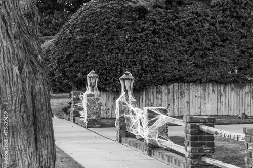 Wooden fence and traditional lamps covered with spiderwebs photo