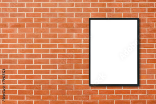 Wallpaper Mural Mock up blank poster picture frame hanging on red brick wall background in room - can be used mock up for montage products display and design key visual layout. Mock up poster in interior background. Torontodigital.ca