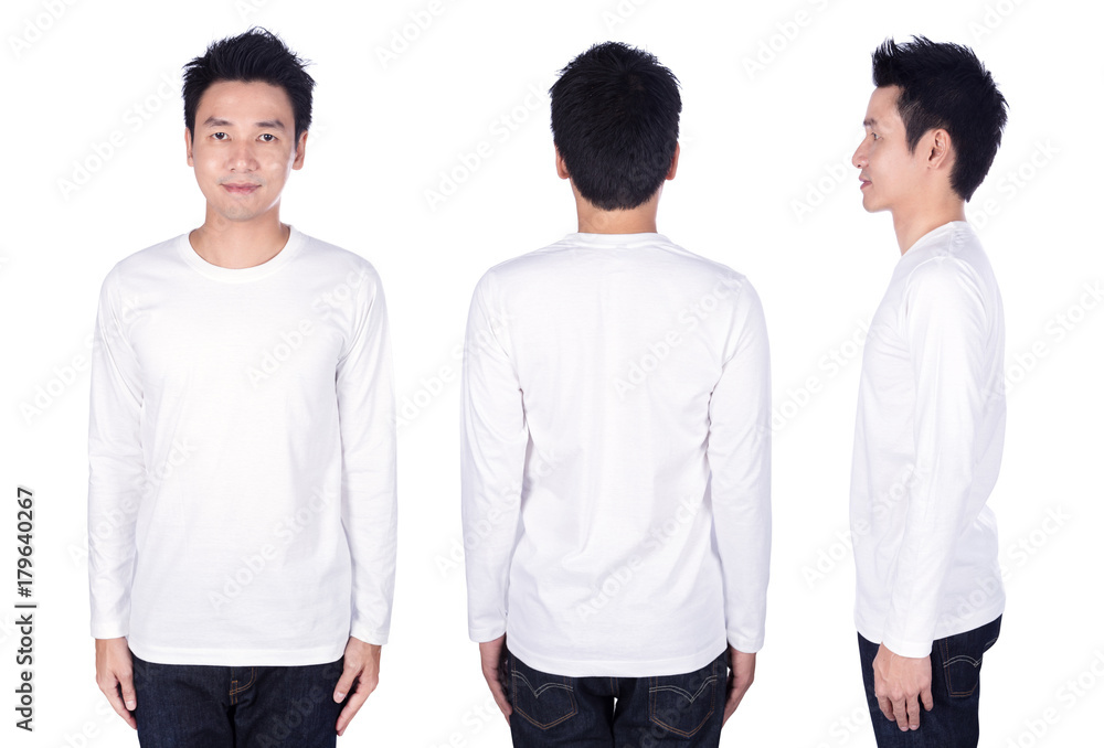 man in white long sleeve t-shirt isolated on white background man in white long sleeve t-shirt isolated on white background