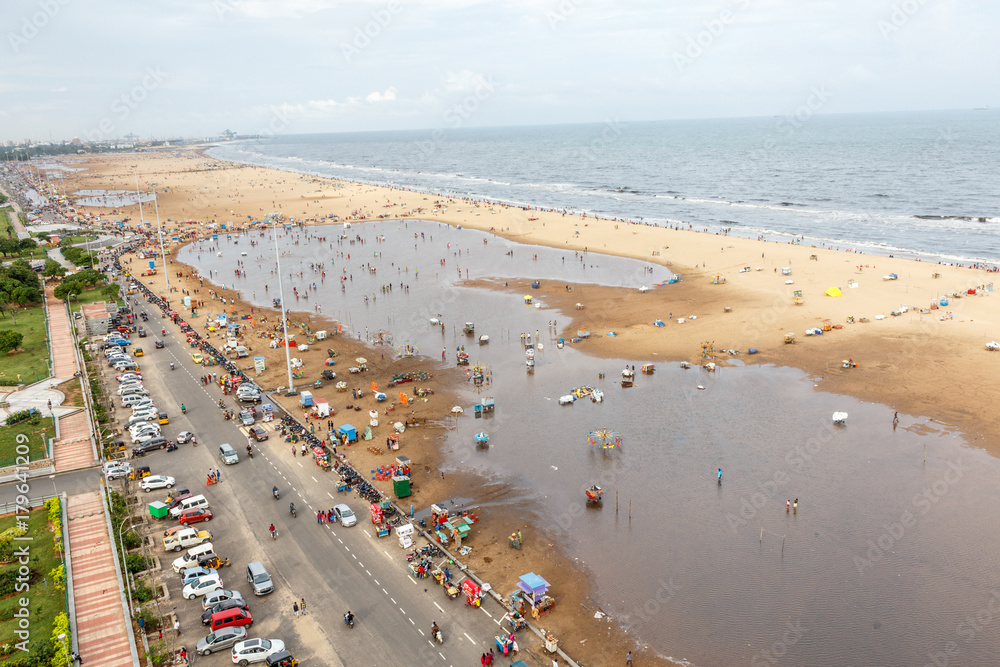 Birds eye view from light house. Temporary water pond formed in the marina beach due to heavy rainfall.ts longest natural urban beach in India and one of the world's longest beach ranking.