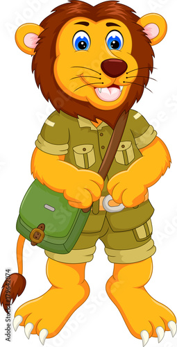 funny lion cartoon posing with smiling and bring bag