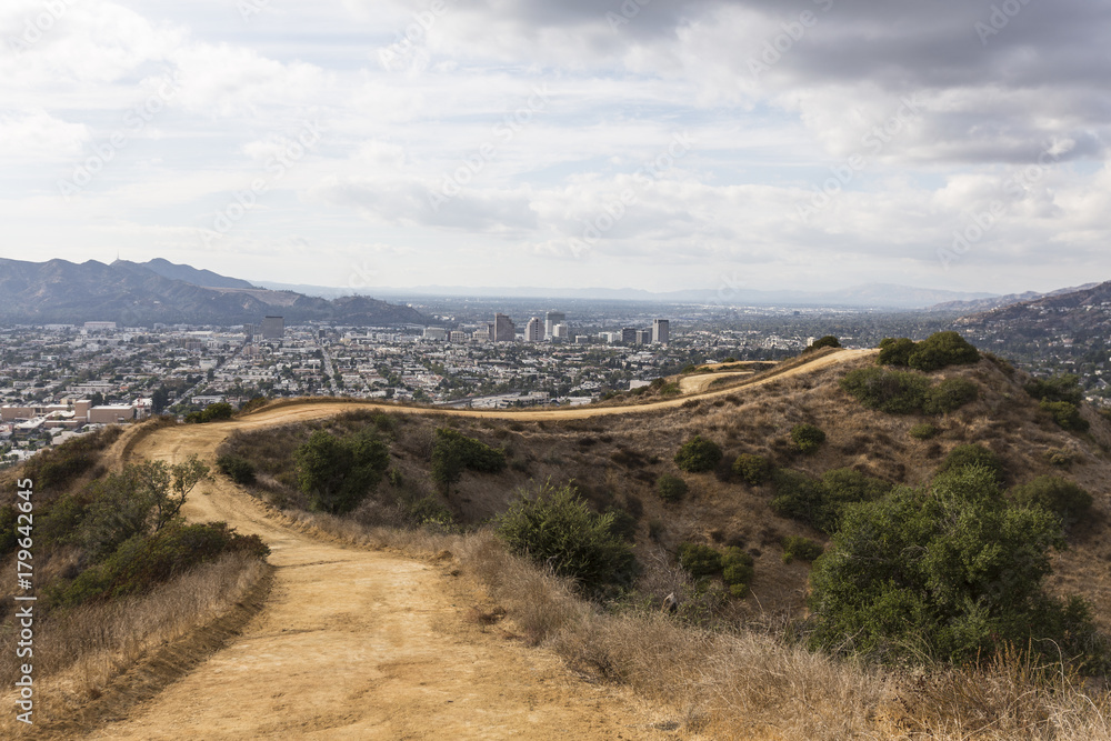 Urban hilltop hiking trail above Los Angeles and Glendale in Southern California.