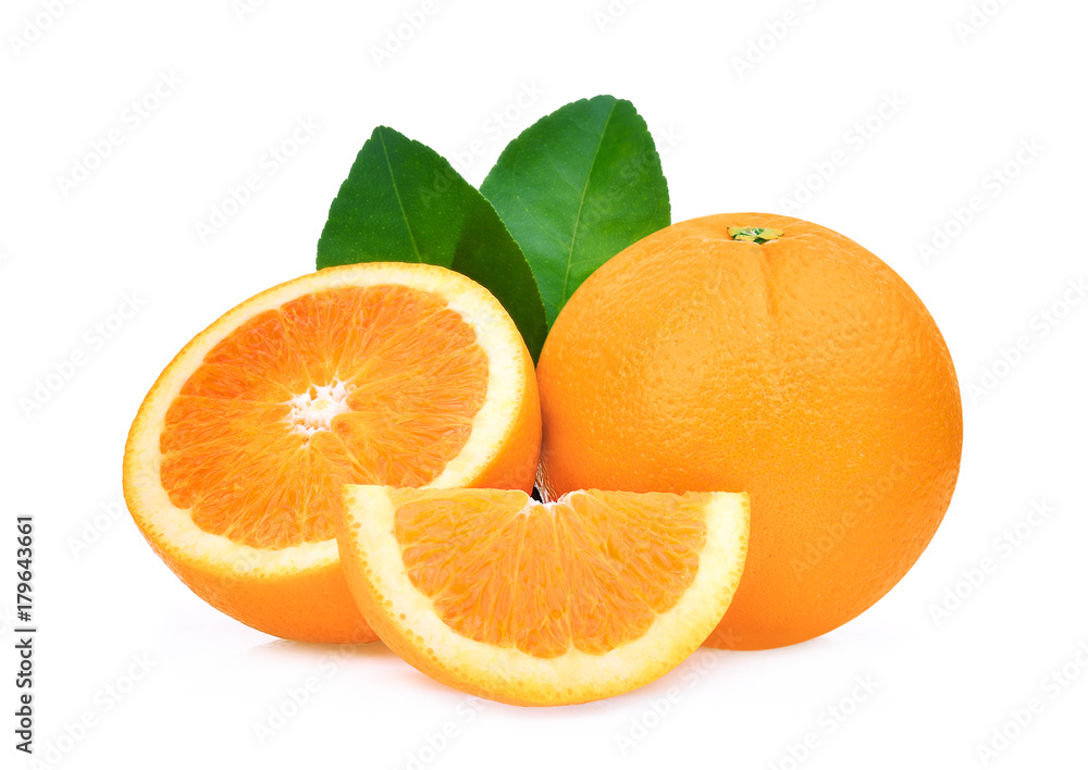 whole and half of orange fruit with green leaves isolated on white background whole and half of orange fruit with green leaves isolated on white background