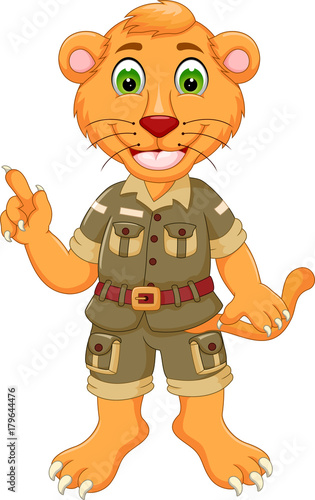 cute lion cartoon standing with smileand pointing 