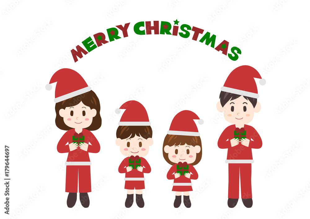 クリスマスのイラスト: サンタ姿の家族とプレゼント 