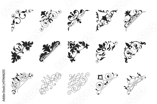 Collection black vintage corner. Decorative floral element set for any design for you. Can be used for wedding, romantic invitation vignette, congratulation and other design.