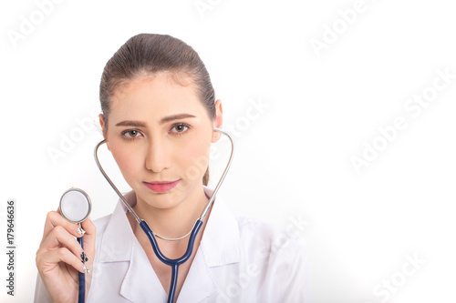 Portrait of Confident smiling Woman doctor posing at white background, healthcare concept, isolated on white background with clipping paths.