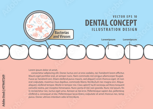 Layout Bacterias and viruses with white teeth illustration vector on blue background. Dental concept.