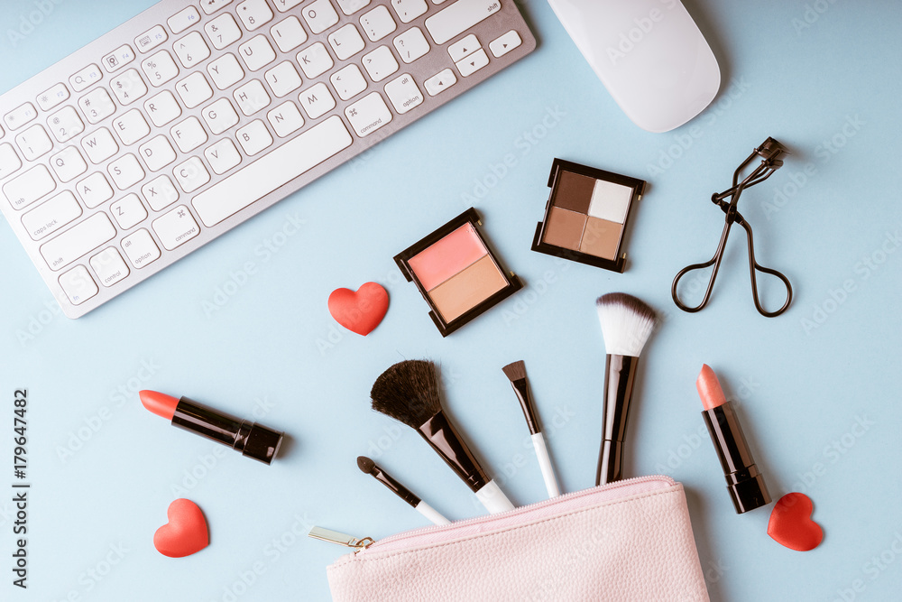 Set of Makeup cosmetics products with bag on top view, vintage style Set of Makeup cosmetics products with bag on top view, vintage style