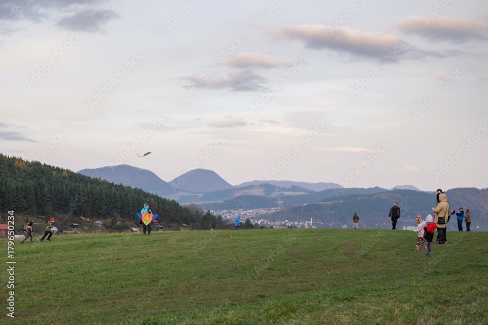 Children playing with kite on meadow. Slovakia