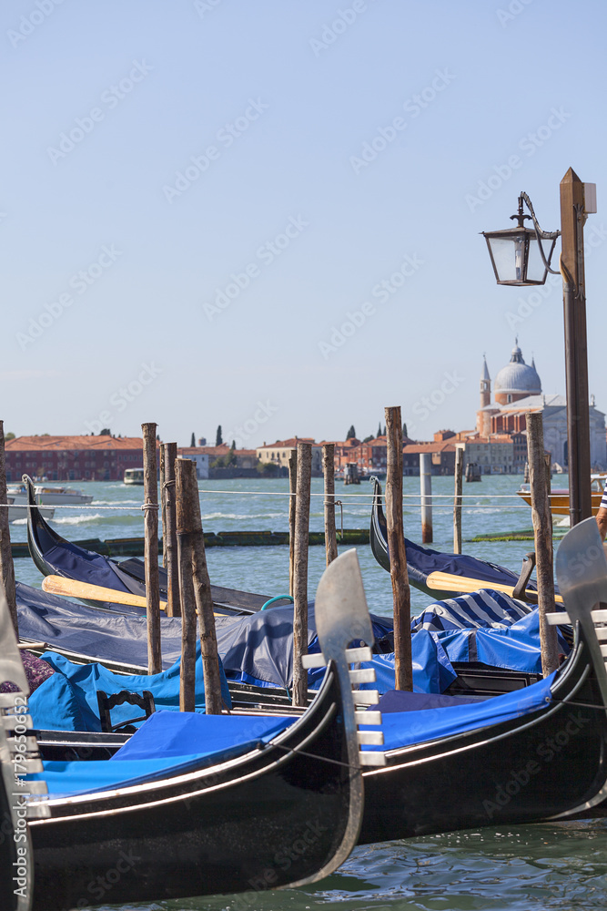 Gondolas at the marina at the boulevard, Venice, Italy