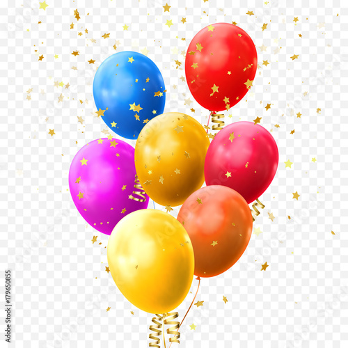 Colorful balloons vector on transparent background. Glossy realistic yellow, red, blue and orange glossy baloon with golden star confetti for Birthday party or balloon greeting card design element