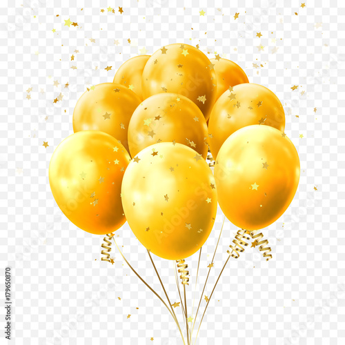 Yellow balloons and golden star confetti for birthday party or balloon festival design. Vector glossy 3D realistic yellow, glossy baloon on transparent background for holiday celebration greeting card