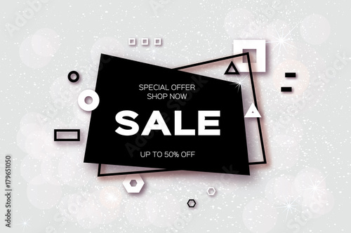 Sale. Trendy Geometric elemets and frame in paper cut style. Discount. For brochure, flyer or presentations design. Grey background. Vector