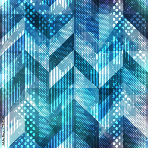 Blue geometric seamless pattern with grunge effect