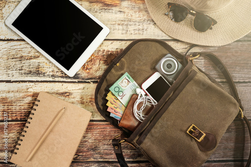 Traveler items vacation travel accessories holiday long weekend day off travelling stuff equipment background view concept 