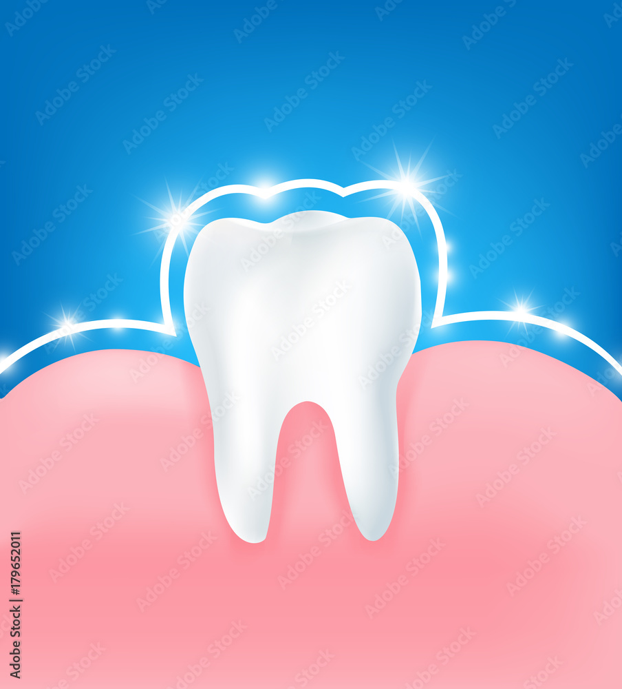 Fototapeta premium Clean and strong white tooth with glittering bright aura protection light element on blue background