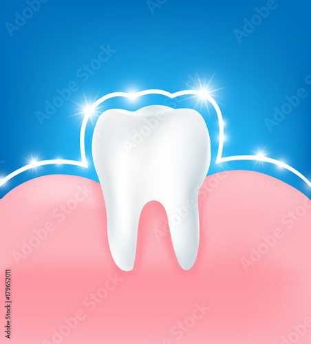Clean and strong  white tooth with glittering bright aura protection light element on blue background
