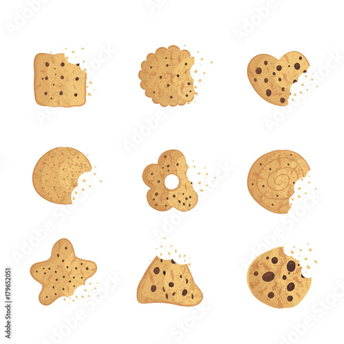  Bitten  chip cookie, cracker, biscuit set . Vector illustration