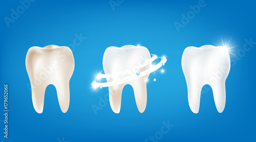 Collection of dirty clean and strong  white tooth wiht glittering bright light element on blue background