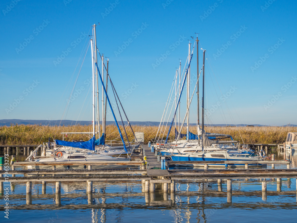Obraz premium Segelboote beim Yachtclub am Neusiedlersee